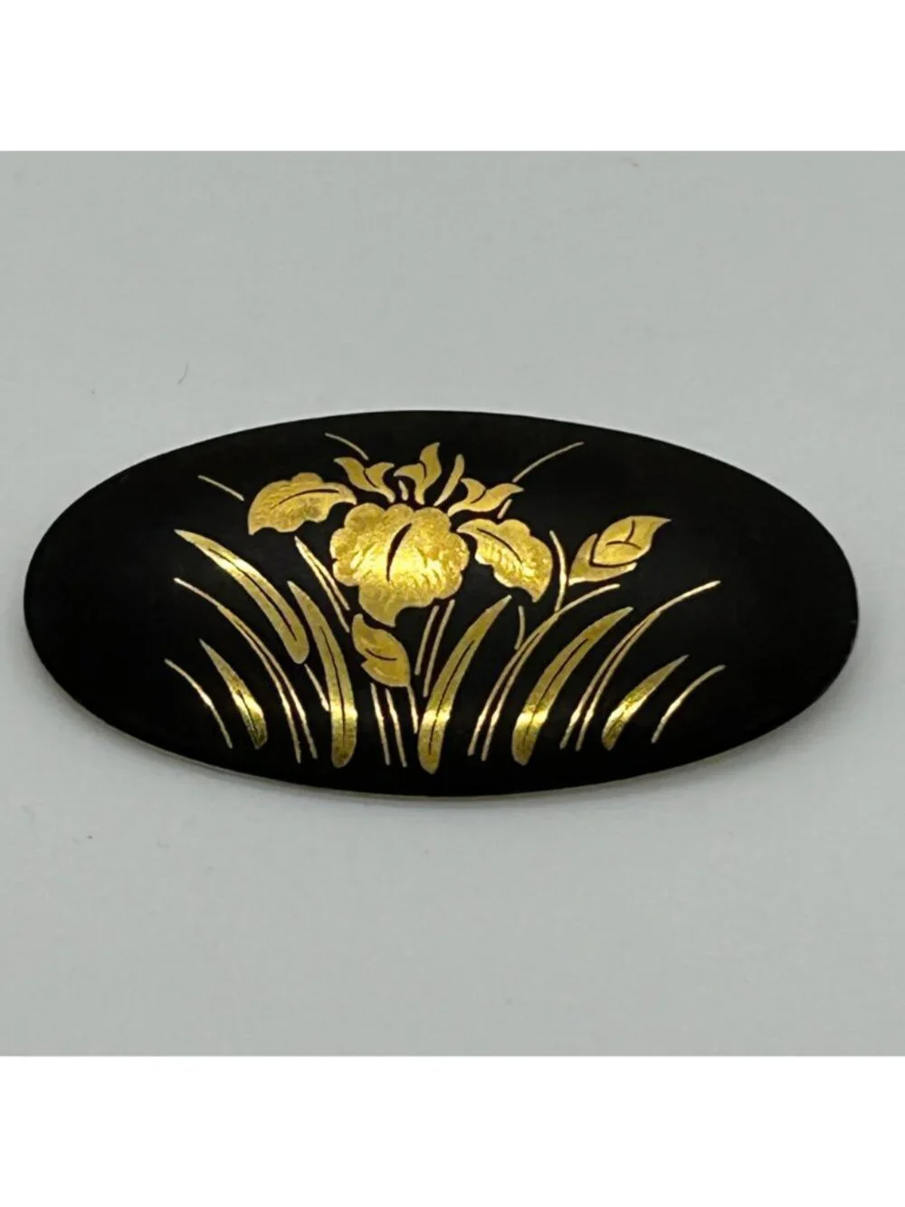 Vintage Japanese Damascene Brooch Gold-tone Inlay Black Oval Iris Flower Pin